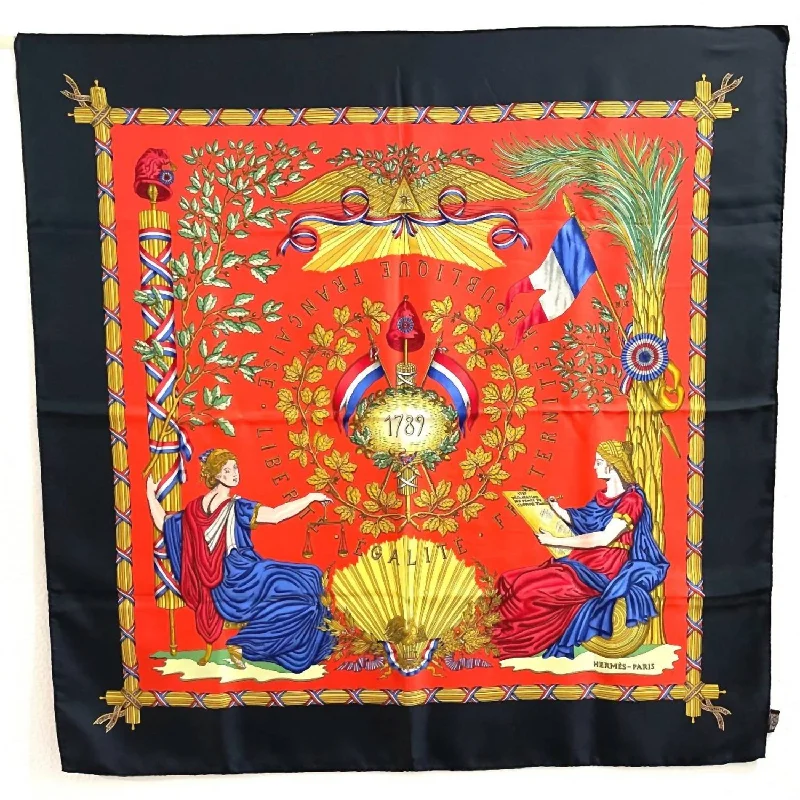 Scarves for trendy moms -Pre-Loved 1789 Liberte Egalite Fraternite Silk Scarf In Red, Black, Gold