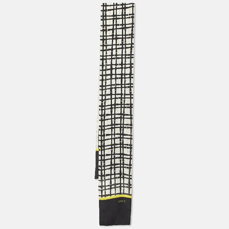 Scarves in woodsy patterns -Gucci Monochrome Check Print Silk Narrow Stole