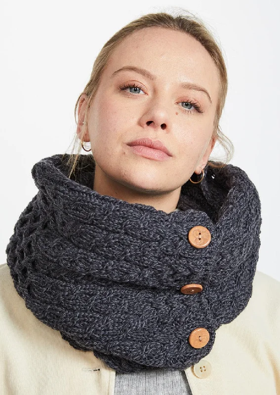 Scarves for snug outfits -Aran Buttoned Snood | Charcoal