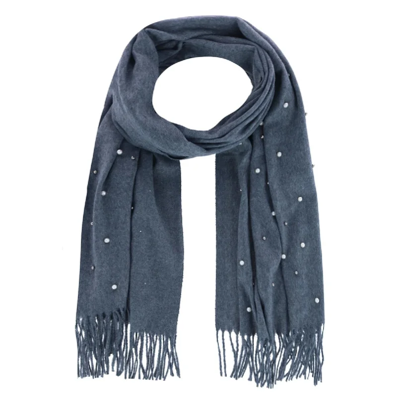 Scarves in light styles -Women's Pearl Embellished Solid Fringe Oblong Scarf