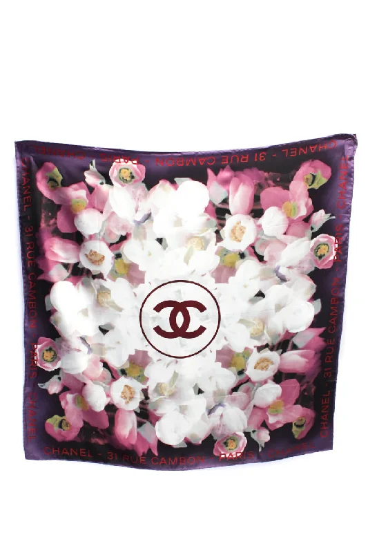 Scarves for active wear -Chanel Womens Silk Rue Cambon CC Floral Print Wrap Scarf Purple