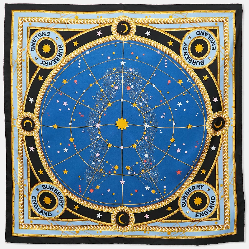 Scarves with fringe details -Burberry Blue Astrological Print Silk Square Scarf