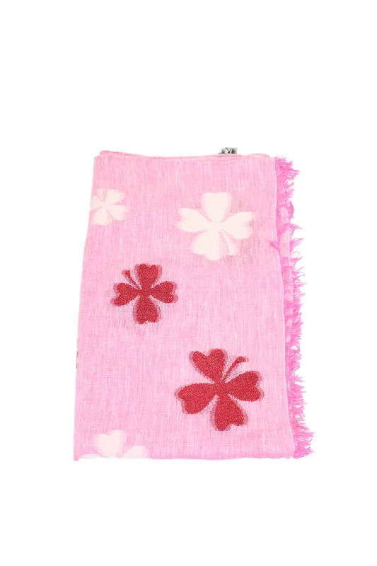 Scarves for sleek fashion -Chanel Womens Linen Knit Fringe Clover Printed Scarf Pink Red 70"x26"