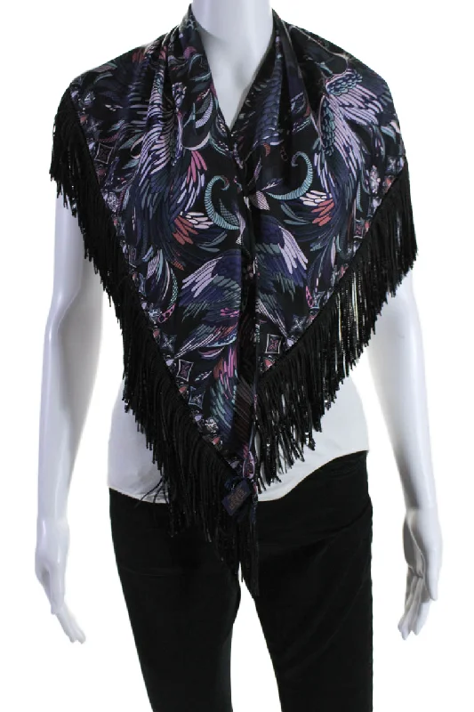 Scarves with fun fringes -Louis Vuitton Womens Silk Graphic Print Sequined Frayed Hem Shawl Black