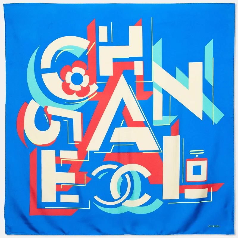 Scarves for statement pieces -Chanel Blue Geometric Logo Print Silk Square Scarf