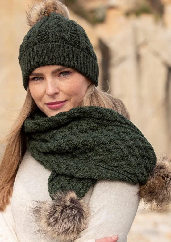 Scarves with pom-pom accents -Aran Crafts Pom Pom Scarf | Green