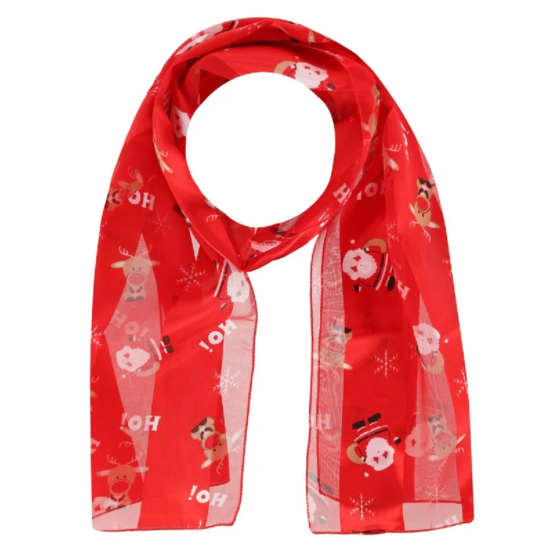 Scarves with holiday themes -Women's Holiday Santa and Reindeer Lightweight Satin Scarf