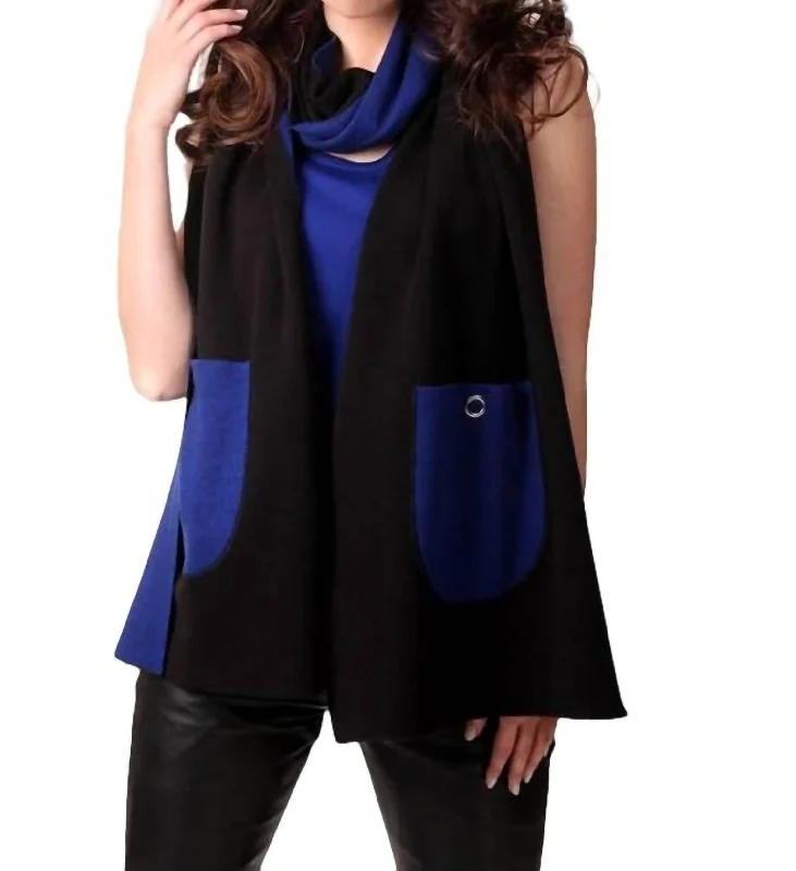 Scarves with knit patterns -2-Tone Reversible Pocket Shawl In Black/cobalt