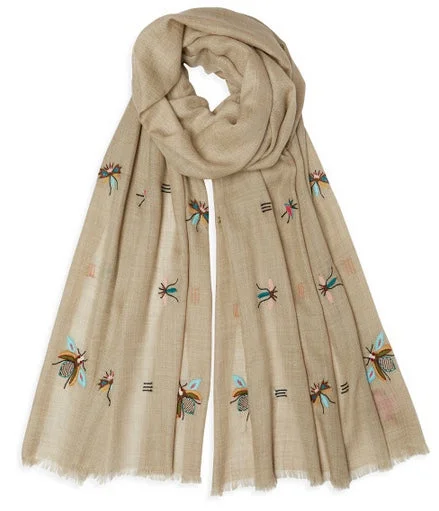 Scarves for active lifestyles -Embroidered Insect Pashmina - Sand