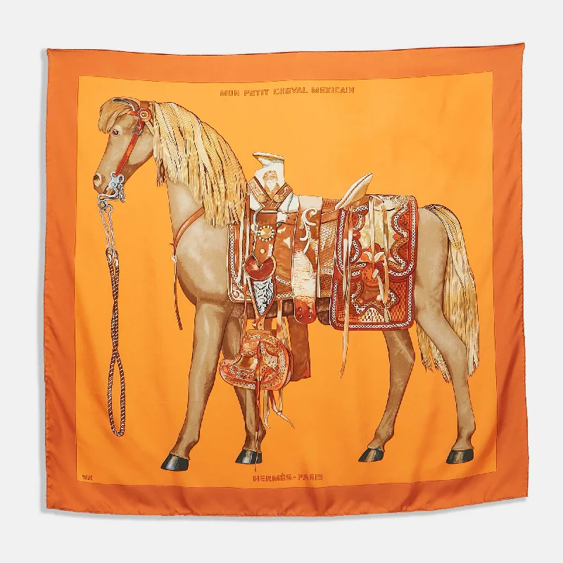 Scarves made of linen -Hermès Orange Mon Petit Cheval Mexican Silk Scarf