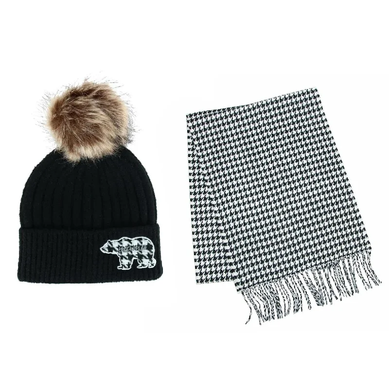 Scarves for vintage lovers -Women's Mama Bear Winter Beanie with Matching Houndstooth Scarf Set