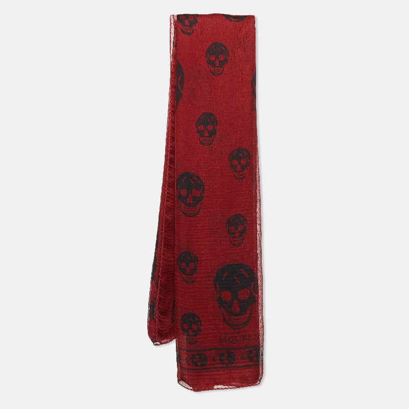 Scarves with tropical patterns -Alexander Mcqueen Red Skull Pattern Silk Square Scarf