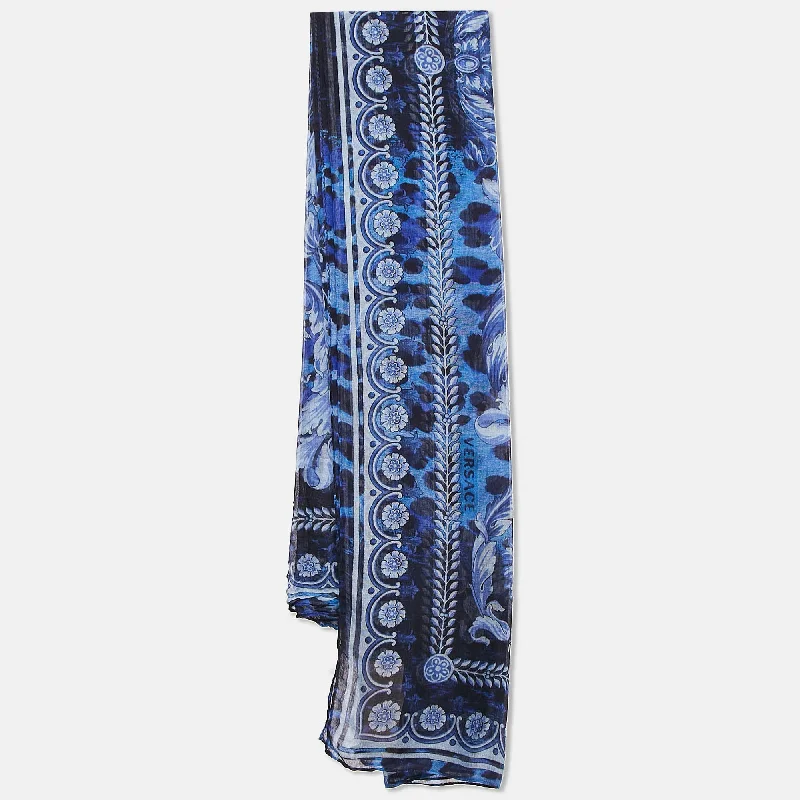 Scarves with zigzag patterns -Versace Blue Leopard And Baroque Print Voile Scarf