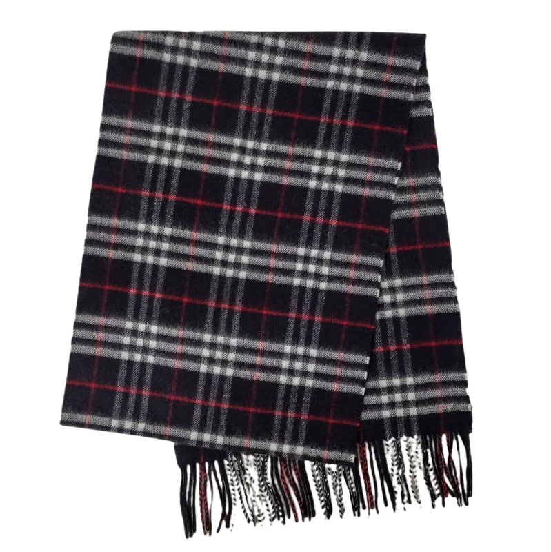 Scarves in trendy colors -Burberry Navy Vintage Checker Cashmere Long Scarf with Fringe