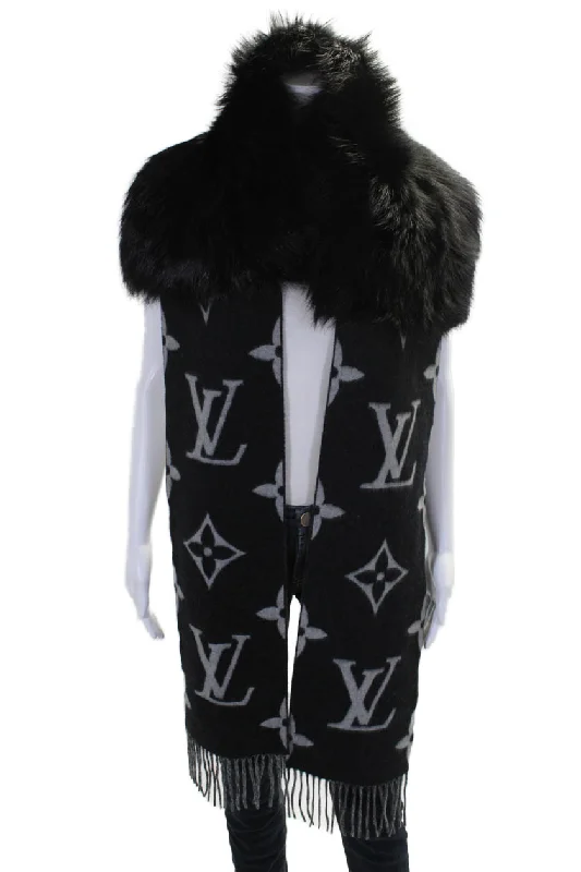 Scarves for camping trips -Louis Vuitton Womens Cashmere Monogram Fringe Fox Fur Scar Gray Black 60"x9"