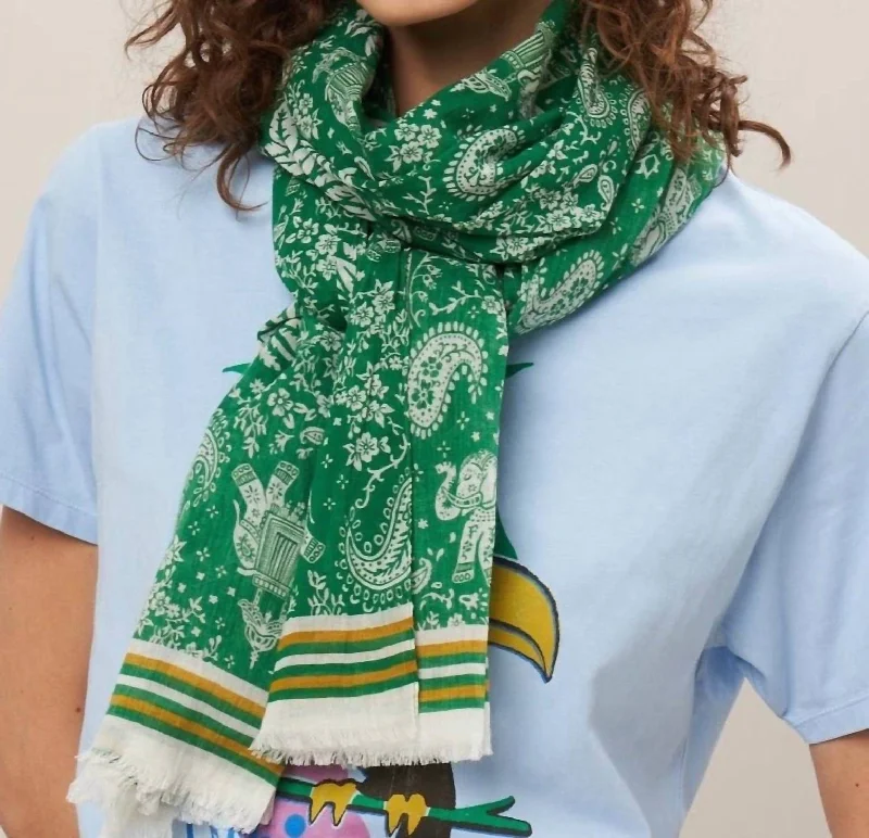 Scarves for outdoor picnics -Cotton Voile Elephants Scarf In Green