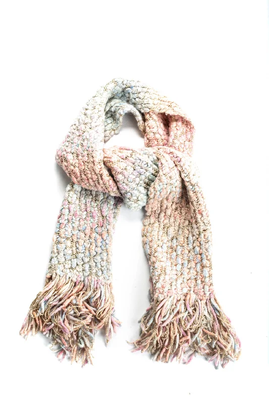 Scarves for snug outfits -Chanel Womens Pastel Metallic Chunky Knit Fringe Scarf Pink Blue Purple 60"