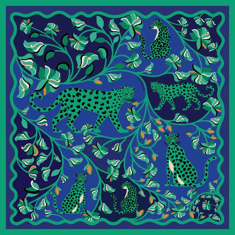 Scarves with embroidery -Double Sided Silk Scarf Of Leopards In The Verdant Wild