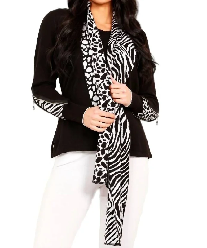 Scarves with glitter sequins -Animal Print V-Neck With Scarf In Black/white