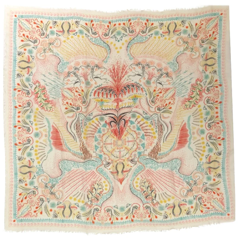 Scarves with floral accents -Dior shawl 135cm in multicolour abstract leaf design on cream cashmere