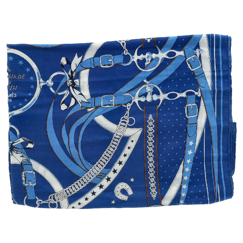 Scarves with quilted designs -Hermès La Promenade du Matin Scarf in Blue Cashmere