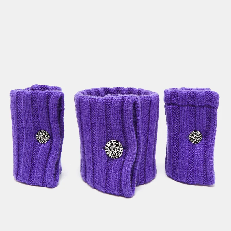 Scarves with floral stitching -Chanel Purple Cashmere Knit Necklap Muffler And Mousquetaire Cuffs