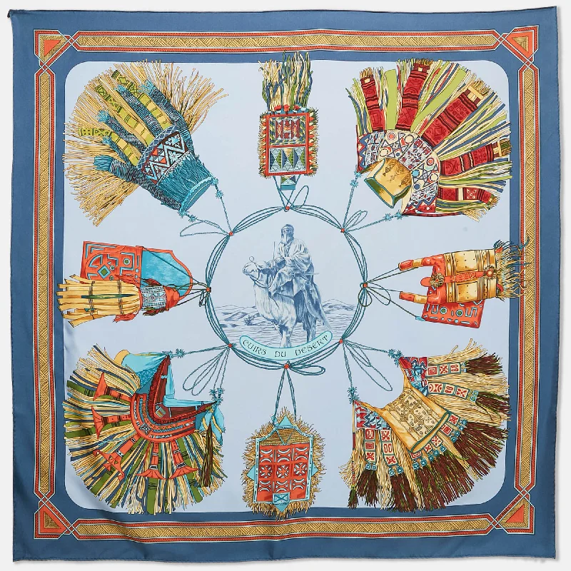 Scarves for evening gowns -Hermes Blue Silk Cuirs Du Desert Scarf