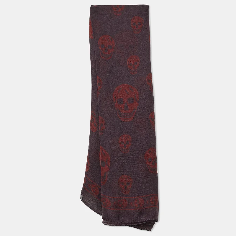 Scarves with knit details -Alexander Mcqueen Plum Purple Skull Print Silk Scarf