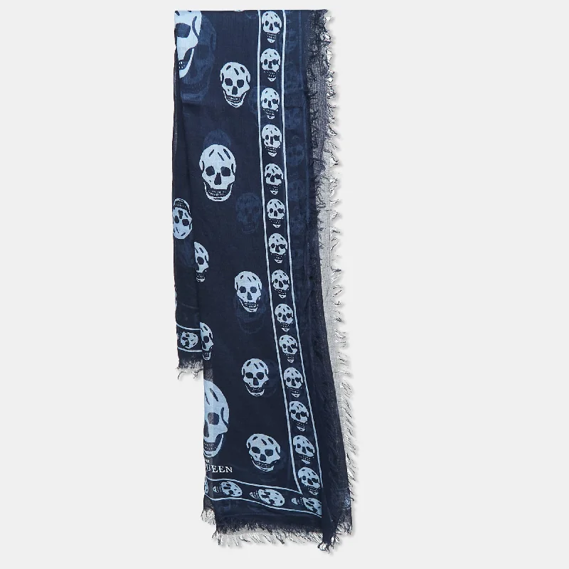 Scarves with jungle patterns -Alexander Mcqueen Blue Skull Print Modal Blend Scarf