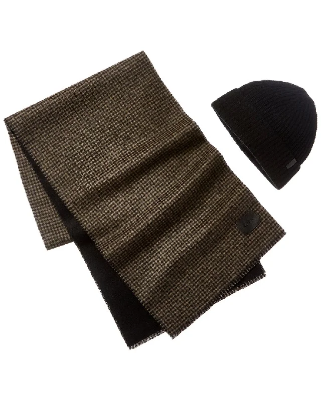 Mens Scarf Reversible-Vince 2pc Double Face Wool & Cashmere-Blend Woven Scarf & Knit Hat Box Set