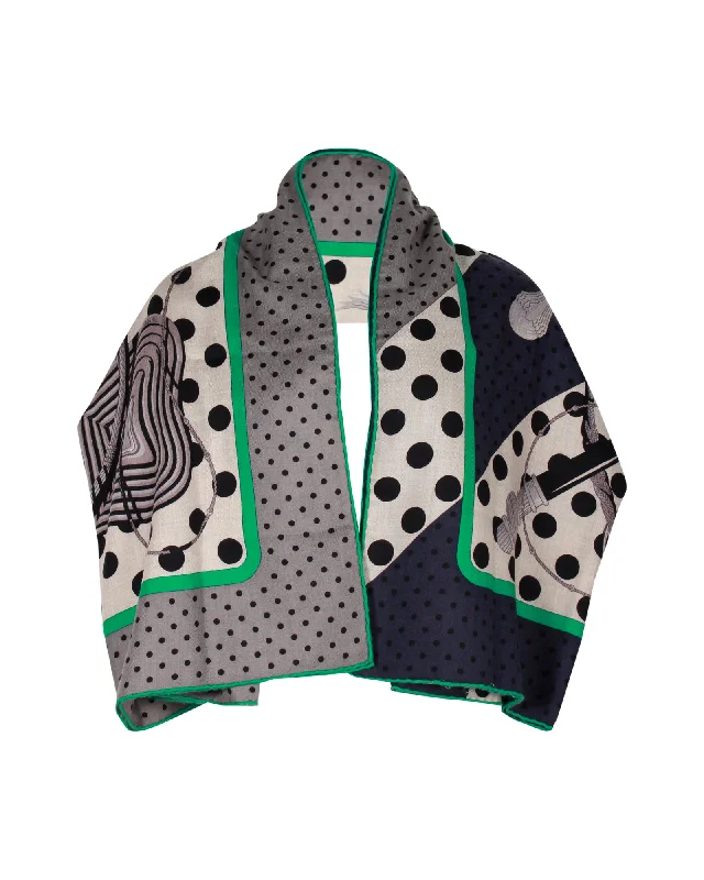 Scarves in loud patterns -Hermes Clic-Clac a Pois Shawl 140 in Green and Grey Cashmere