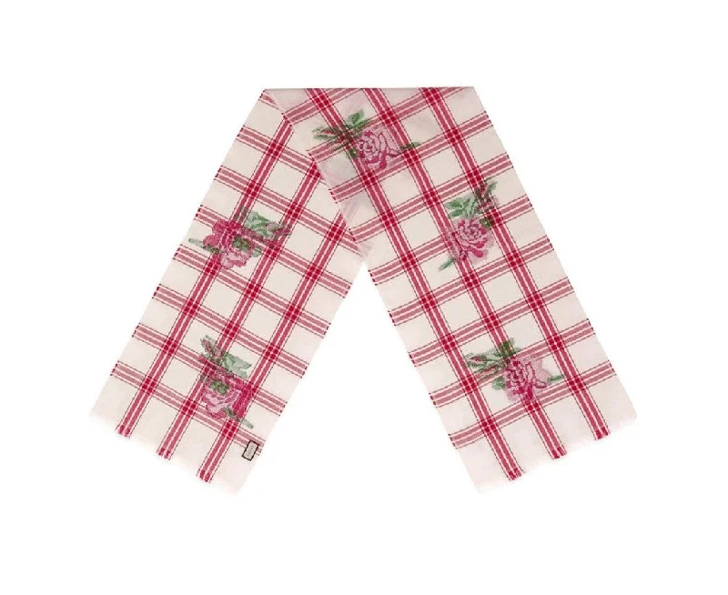 Scarves in sustainable fabrics -Gucci Unisex ivory Wool Plaid Rose Print Scarf Muffler