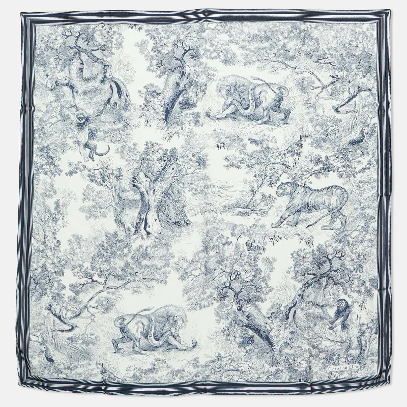 Scarves with dual styles -Dior Navy Blue/white Toile De Jouy Sauvage Silk Square Scarf