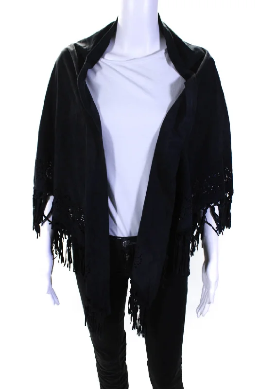 Scarves with quiet elegance -Vera Pelle Womens Black Lar Suede Cut Out Fringe Edge Scarf