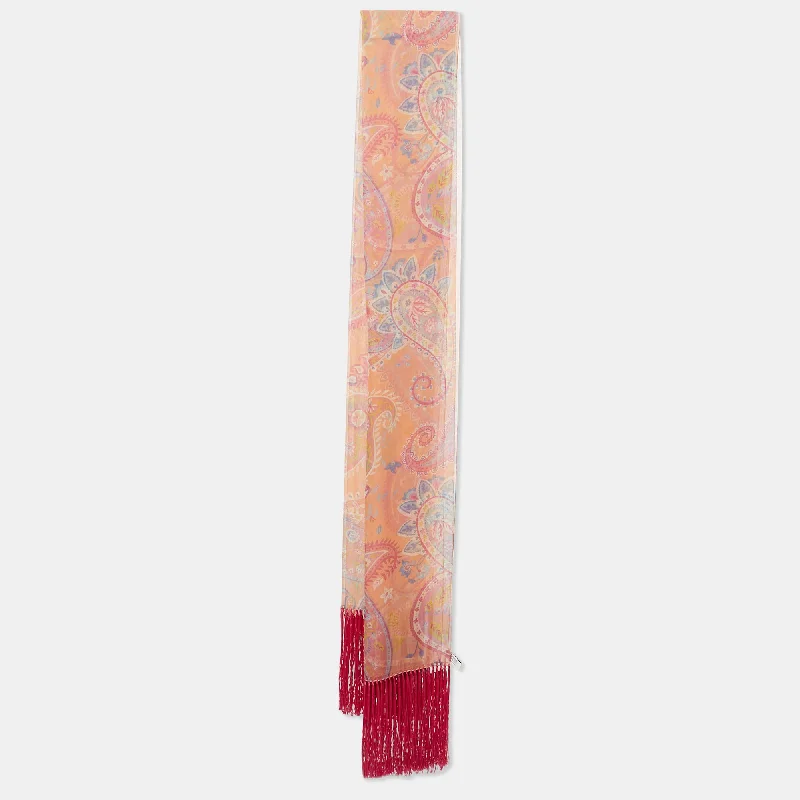 Scarves with leaf prints -Dior Pink Paisley Print Silk Fringed Stole