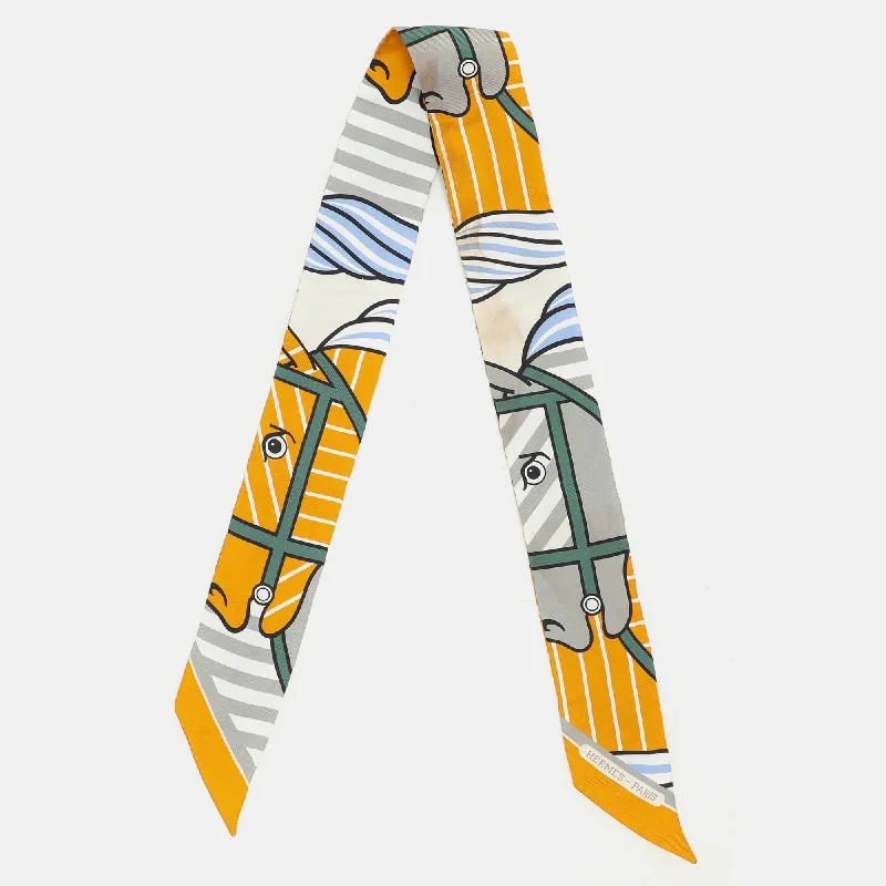 Scarves with gold metallic -Hermès Multicolor Horse Print Silk Twilly