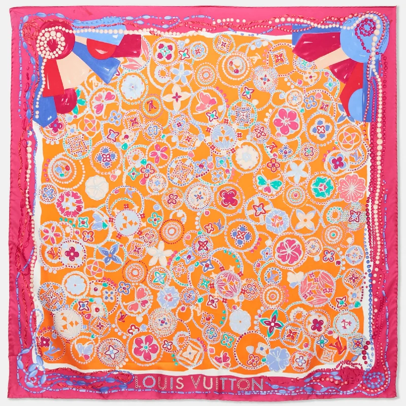 Scarves with nature themes -Louis Vuitton Orange/pink Printed Silk Square Scarf