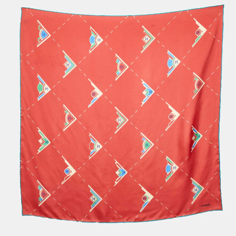 Scarves in luxe brands -Chanel Brick Red Geometric Cc Print Silk Square Scarf