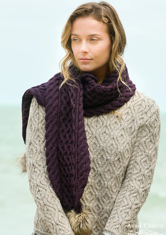 Scarves with velvet textures -Aran Crafts Pom Pom Scarf | Plum