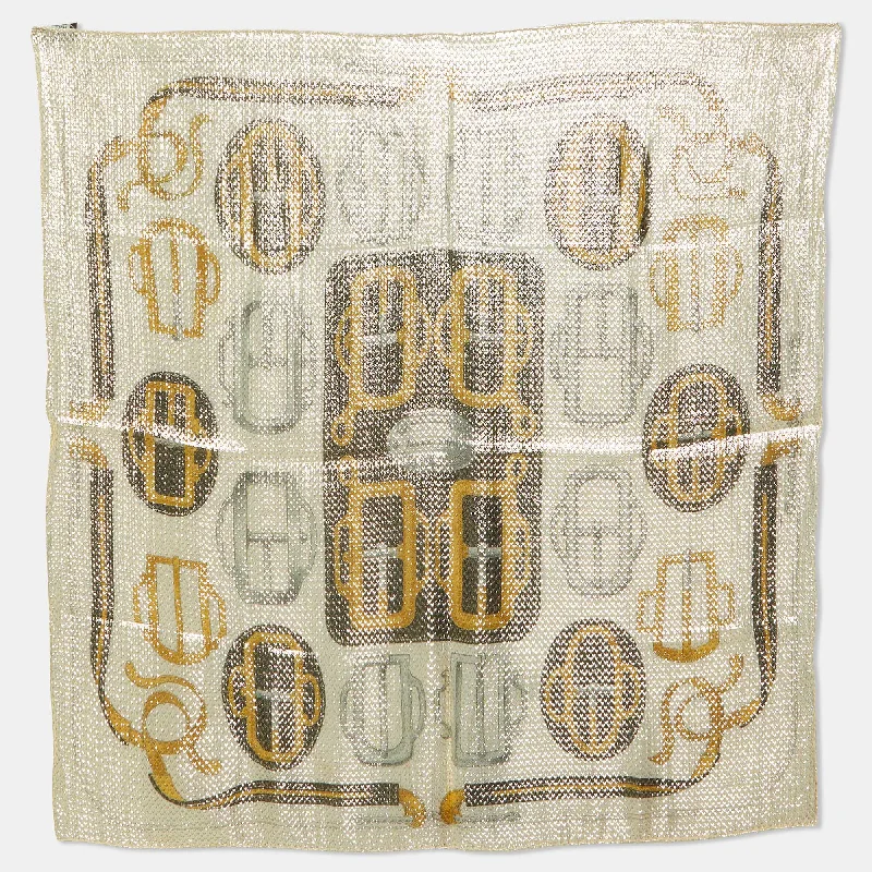 Scarves in cheap styles -Hermes Beige/gold Bouclerie D'attelage Lurex Silk Glitter Scarf