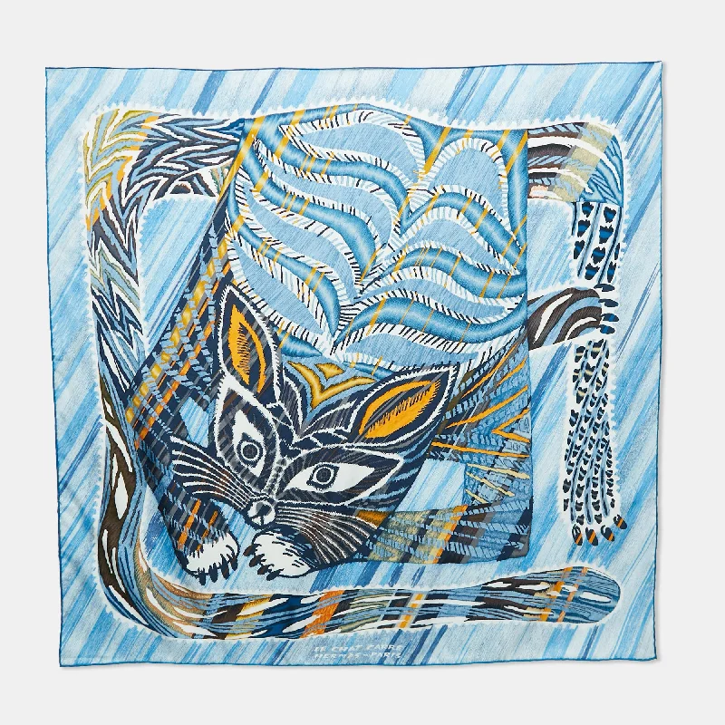 Scarves for summer -Hermès Blue Silk Blanc Le Chat Carre Scarf