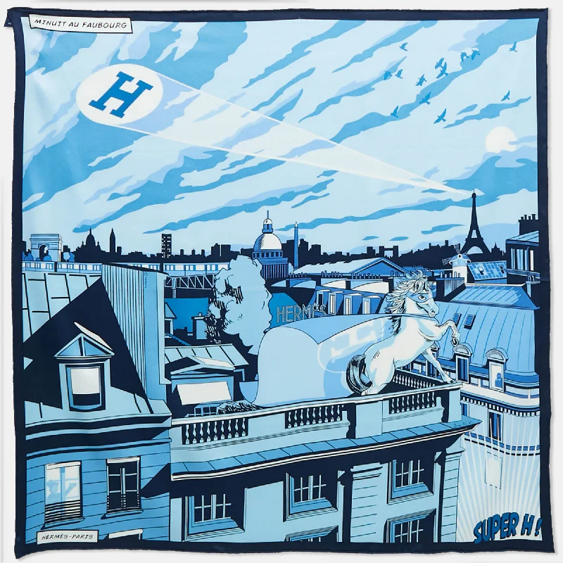 Scarves for night outings -Hermes Blue Minuit Au Faubourg 70 Silk Scarf