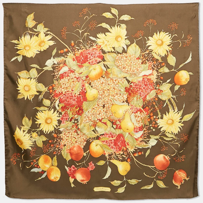 Scarves with holiday patterns -Salvatore Ferragamo Green Floral And Fruit Print Silk Scarf