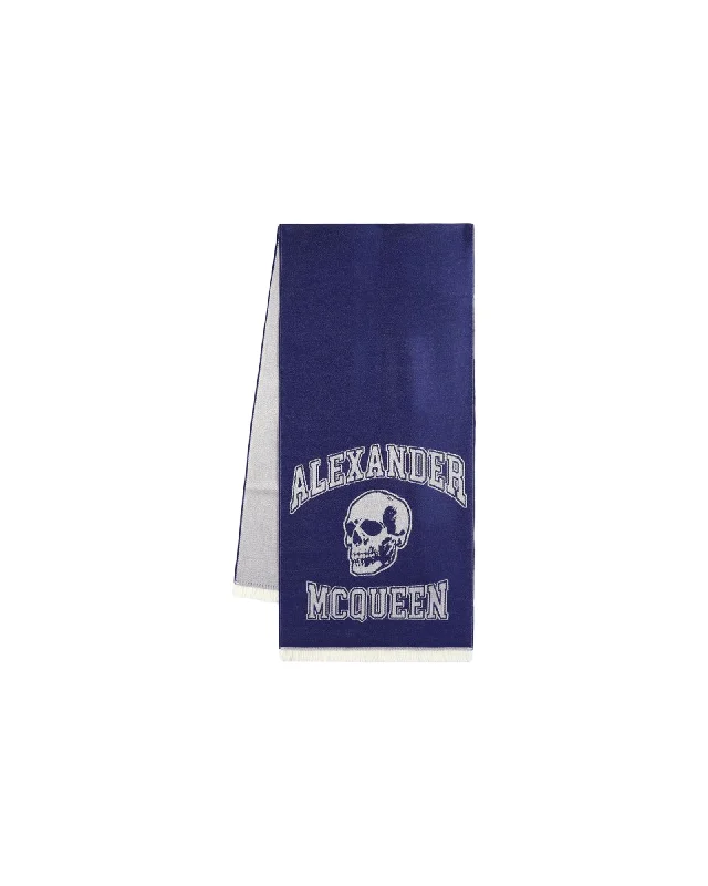 Mens Scarf Formal-Varsity Skull Logo Scarf - Alexander McQueen - Wool - Blue