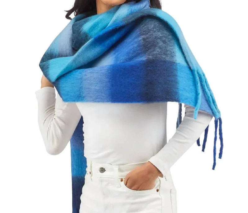 Scarves with handcrafted details -Extra Long Plaid Scarf In Blues