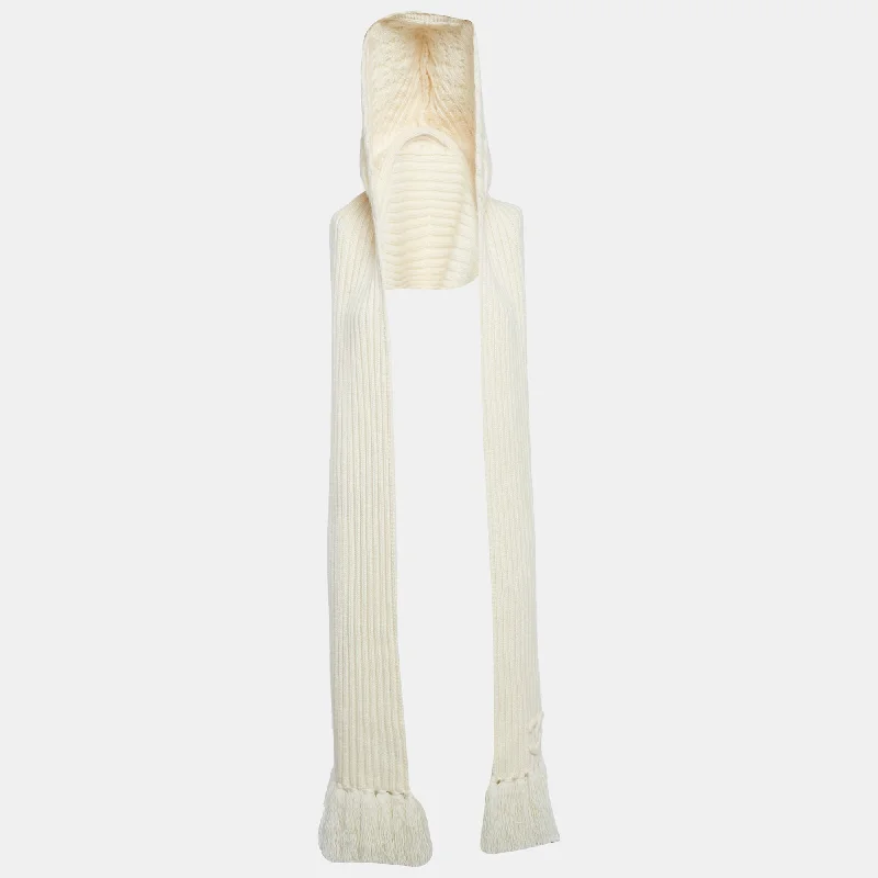 Scarves with cartoon prints -Chanel White Cashmere Knit Fringed Hood Scarf