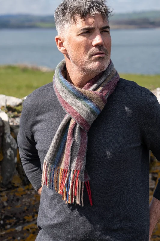 Scarves with crochet details -John Hanly Lambswool Scarf | Red Mustard Stripe