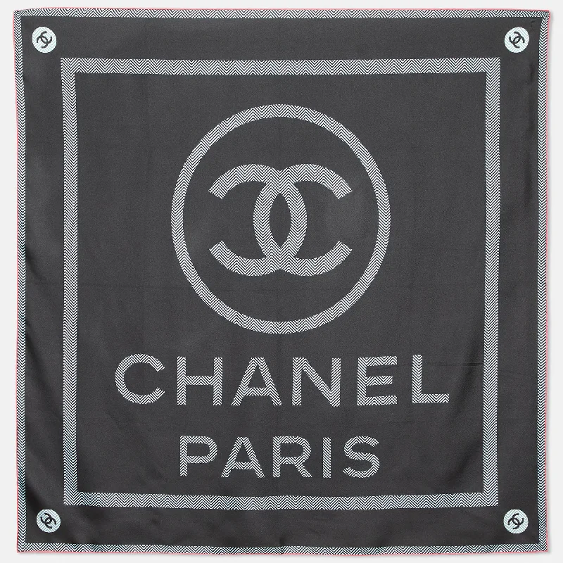 Scarves with bead trims -Chanel Black Cc Logo Print Silk Square Scarf