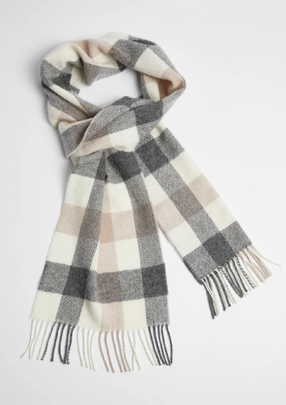 Scarves with crafted details -Foxford Lambswool Scarf | Neutral Block Check