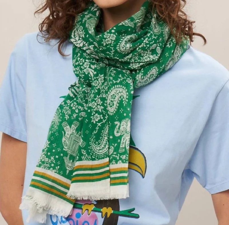 Scarves for bold looks -Cotton Voile Elephants Scarf In Green